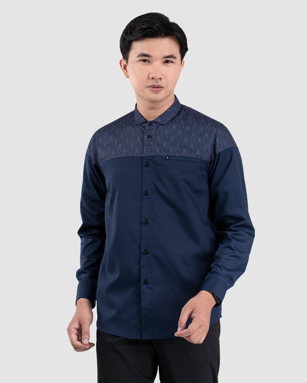 Baju Koko Pria Modern Fadkhera Badar Lengan Panjang Pendek Navy
