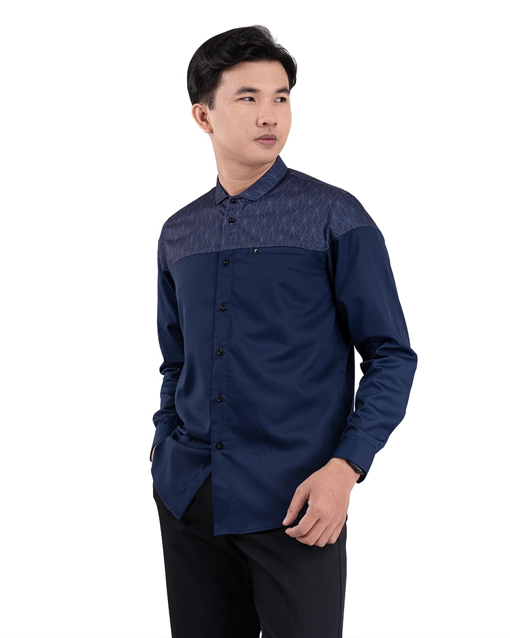 Baju Koko Pria Modern Fadkhera Badar Lengan Panjang Pendek Navy