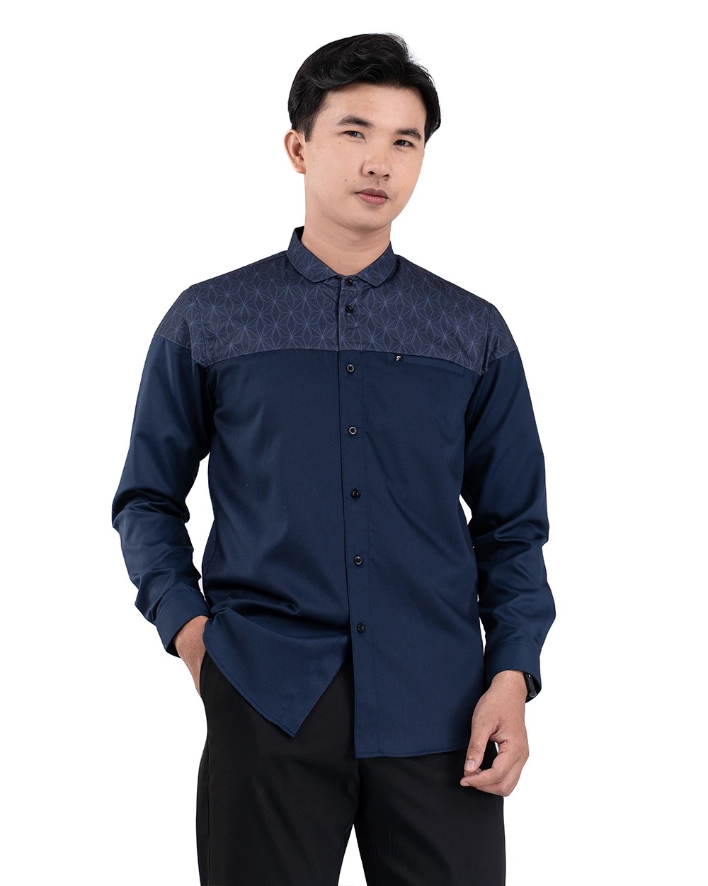 Baju Koko Pria Modern Fadkhera Badar Lengan Panjang Pendek Navy