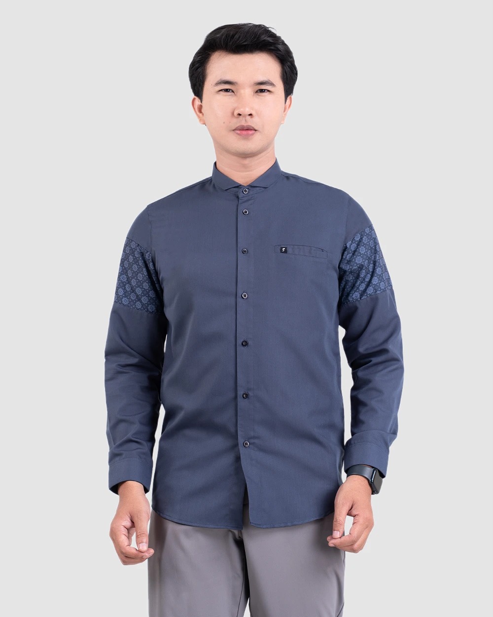 Baju Koko Pria Modern Fadkhera Bayan Lengan Panjang Pendek Denim