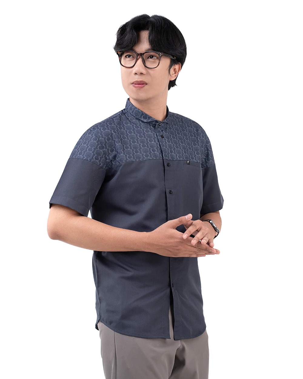 Baju Koko Pria Modern Fadkhera Bukhara Lengan Panjang Pendek Denim