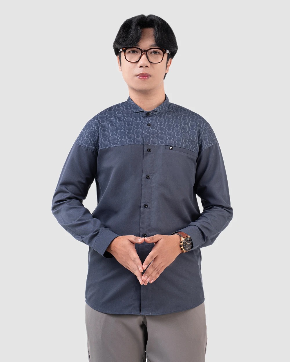 Baju Koko Pria Modern Fadkhera Bukhara Lengan Panjang Pendek Denim