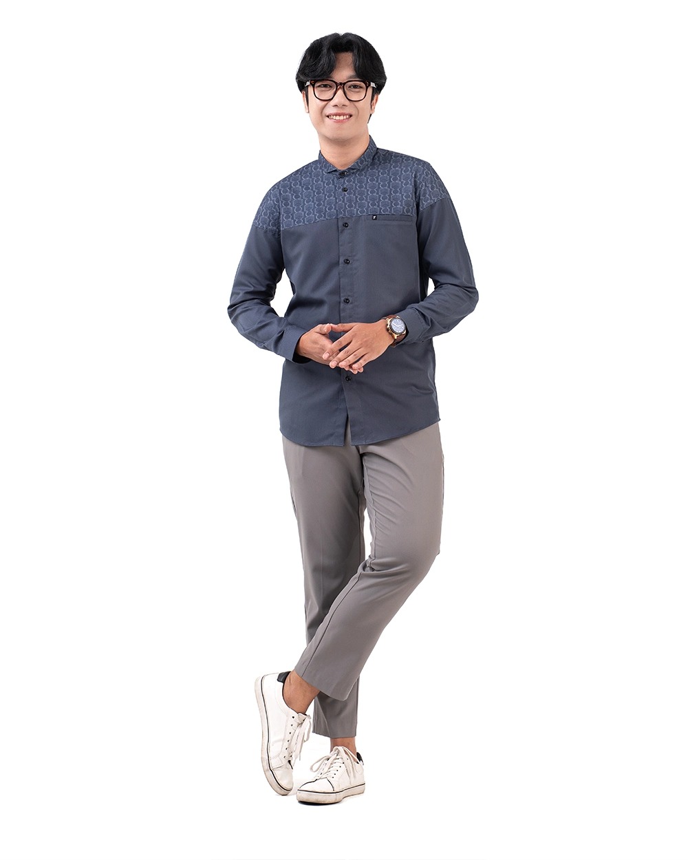 Baju Koko Pria Modern Fadkhera Bukhara Lengan Panjang Pendek Denim