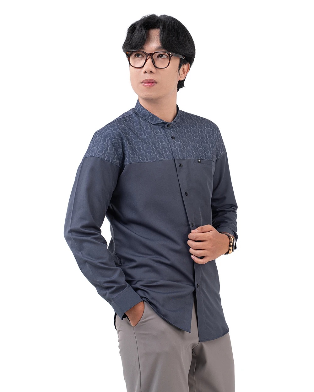 Baju Koko Pria Modern Fadkhera Bukhara Lengan Panjang Pendek Denim