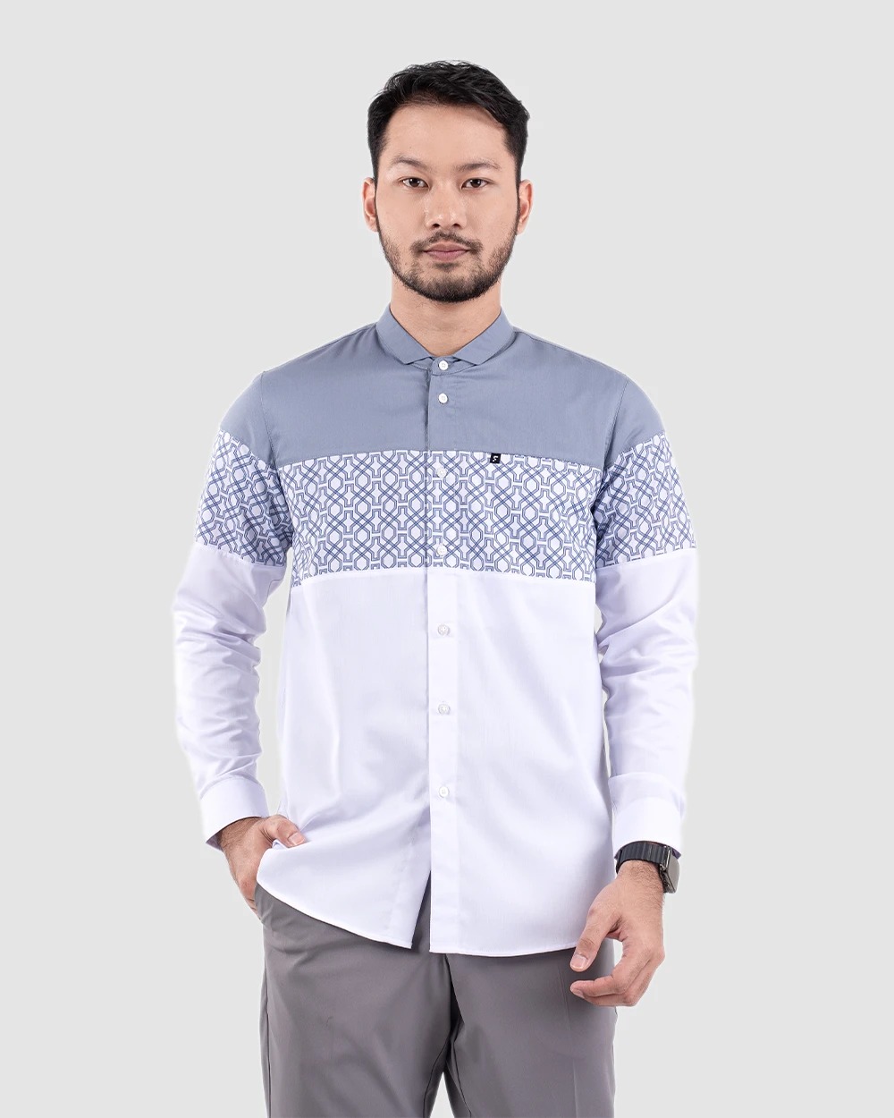 Baju Koko Pria Modern Faiz Lengan Panjang dan Pendek White Grey