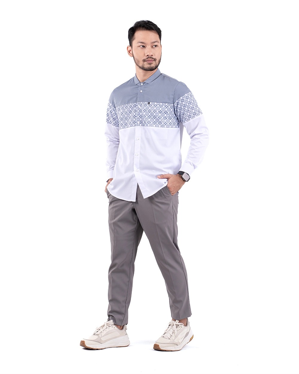 Baju Koko Pria Modern Faiz Lengan Panjang dan Pendek White Grey