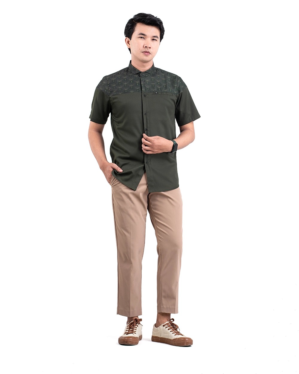Baju Koko Pria Modern Fadkhera Harun Lengan Panjang Pendek Olive