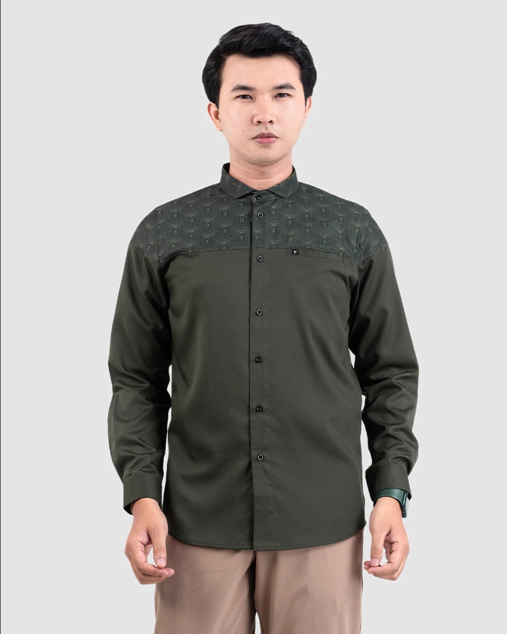 Baju Koko Pria Modern Fadkhera Harun Lengan Panjang Pendek Olive