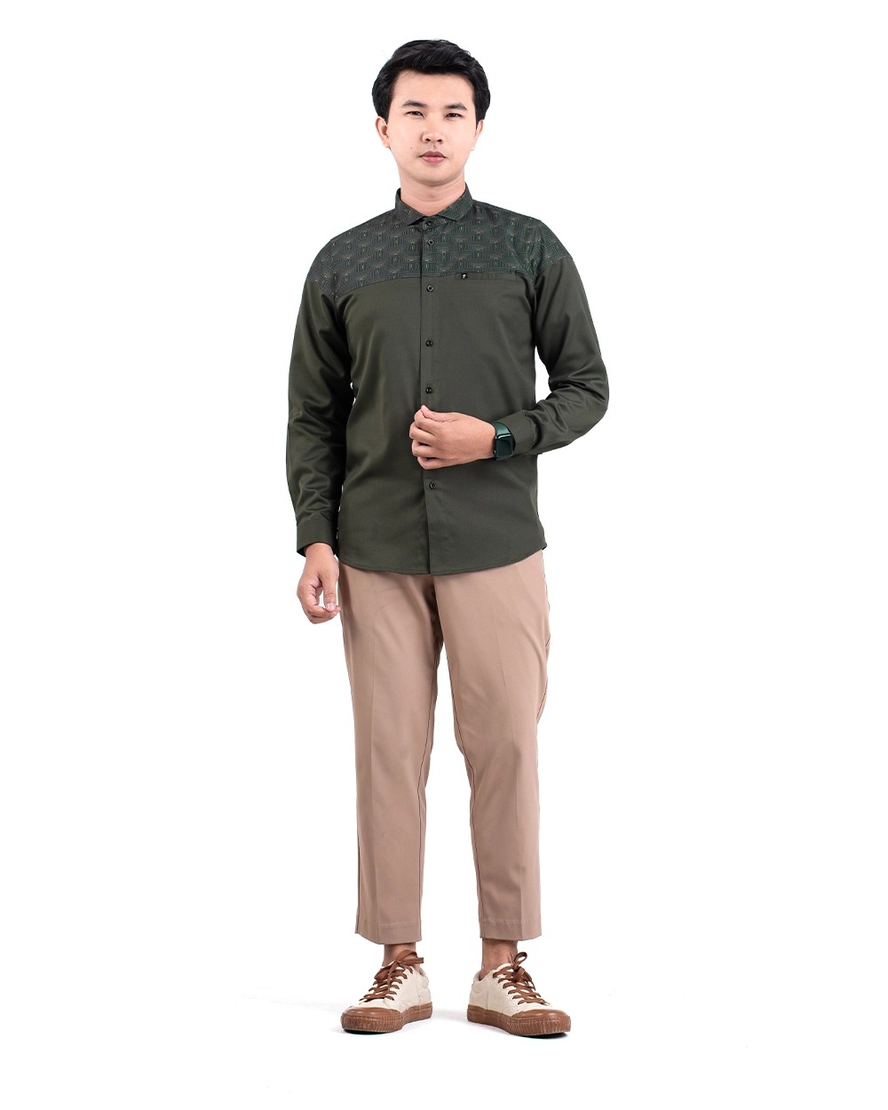 Baju Koko Pria Modern Fadkhera Harun Lengan Panjang Pendek Olive