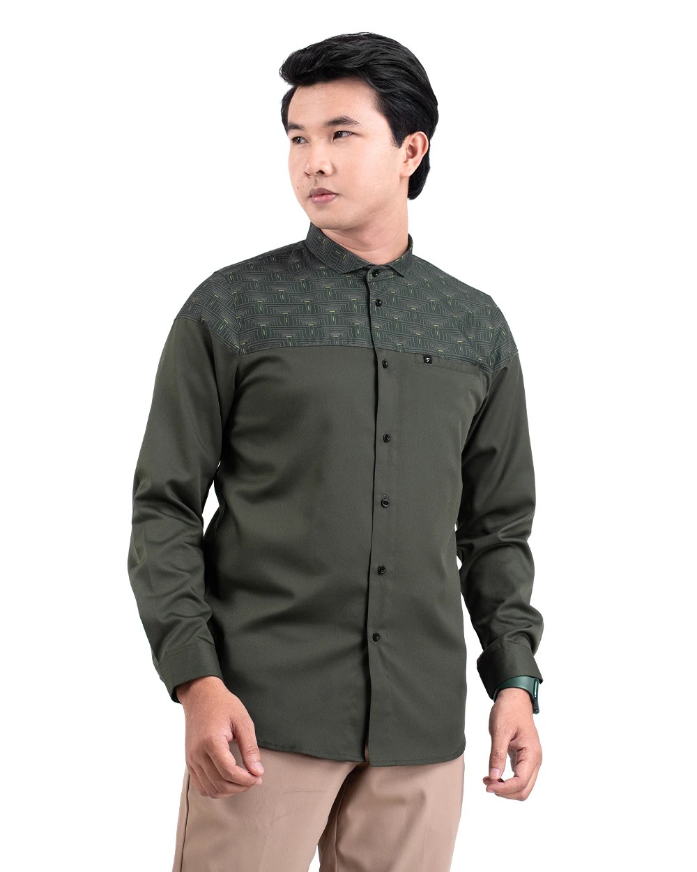 Baju Koko Pria Modern Fadkhera Harun Lengan Panjang Pendek Olive
