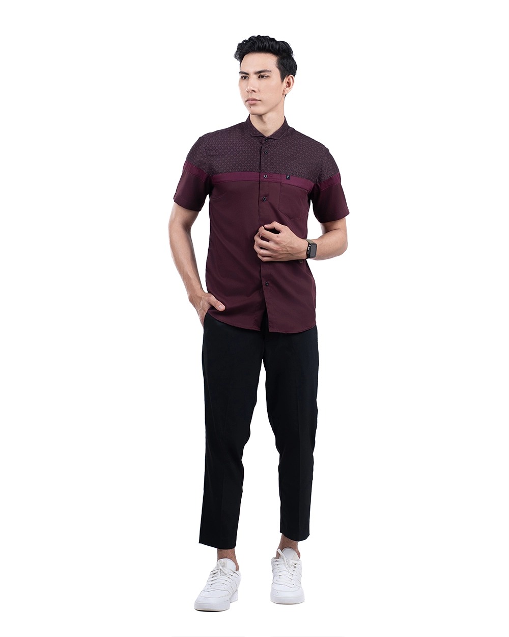 Baju Koko Pria Modern Fadkhera Kasyaf Lengan Panjang Pendek Burgundy