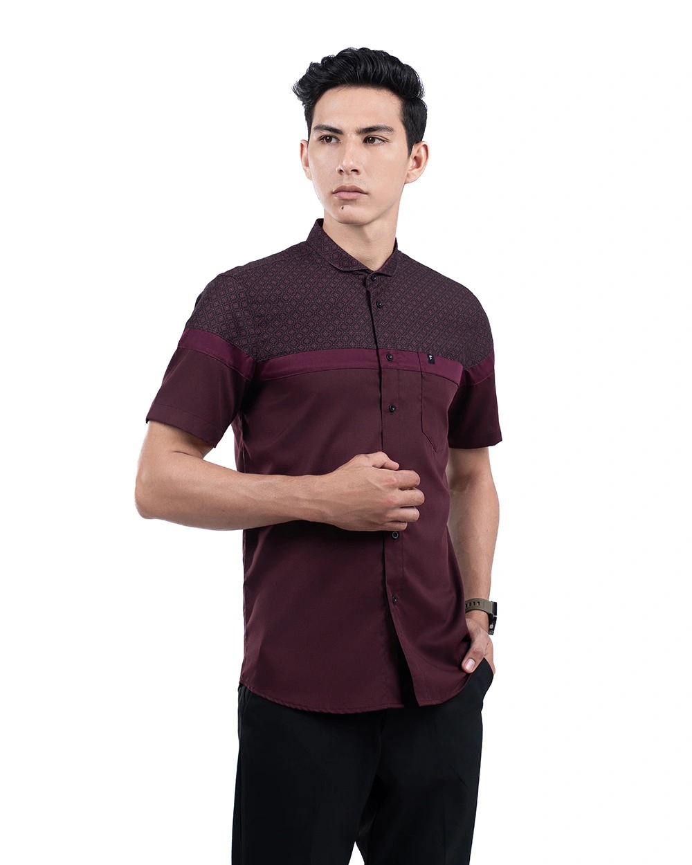 Baju Koko Pria Modern Fadkhera Kasyaf Lengan Panjang Pendek Burgundy