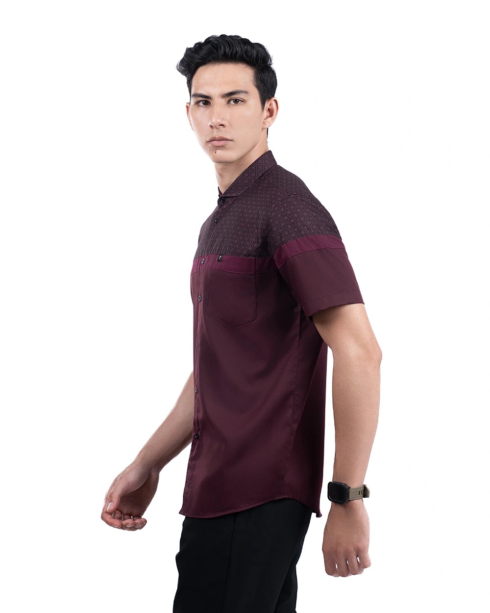 Baju Koko Pria Modern Fadkhera Kasyaf Lengan Panjang Pendek Burgundy