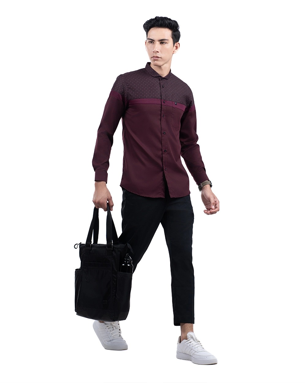 Baju Koko Pria Modern Fadkhera Kasyaf Lengan Panjang Pendek Burgundy