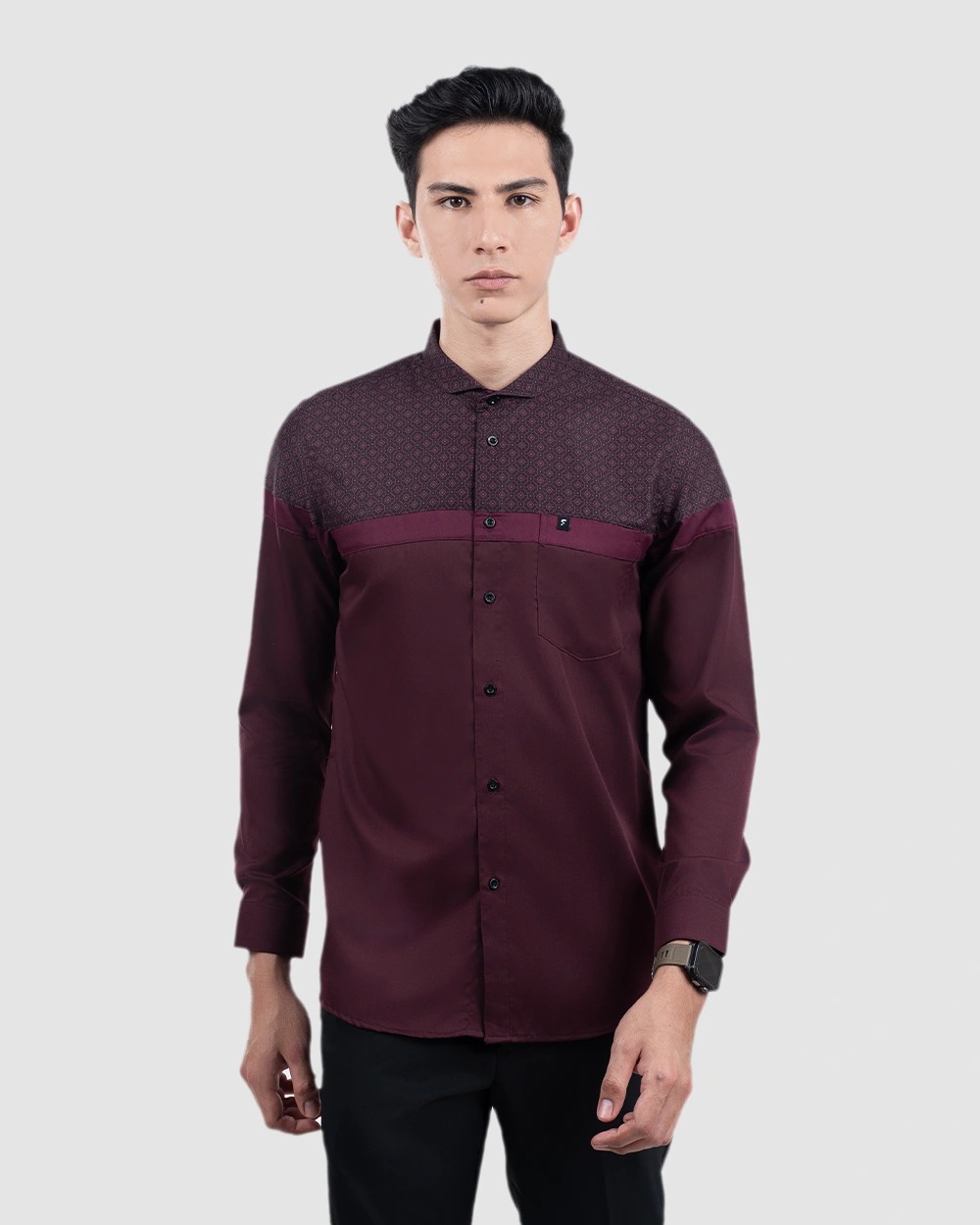 Baju Koko Pria Modern Fadkhera Kasyaf Lengan Panjang Pendek Burgundy