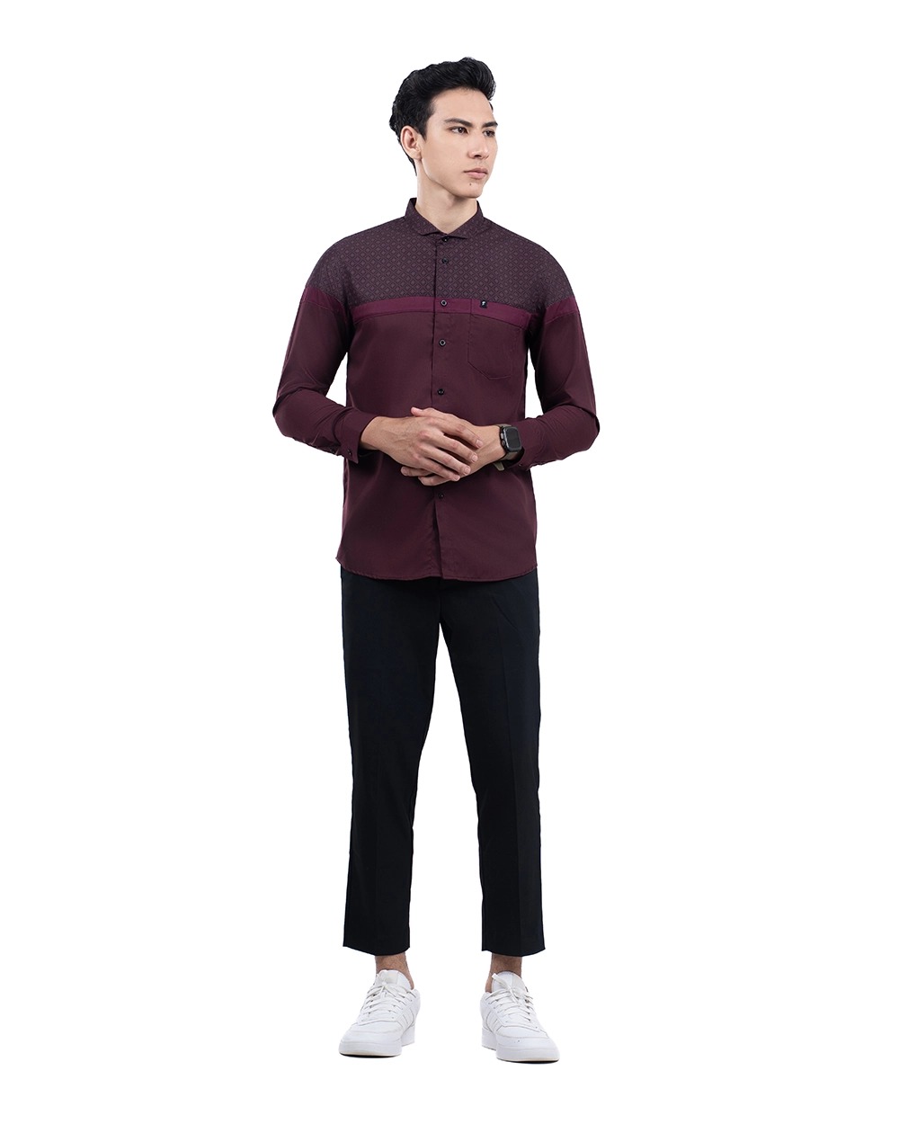 Baju Koko Pria Modern Fadkhera Kasyaf Lengan Panjang Pendek Burgundy