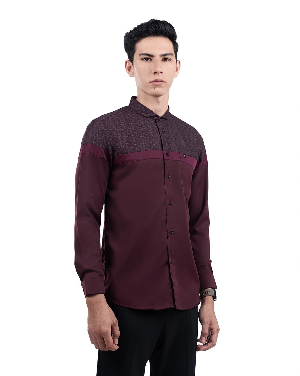Baju Koko Pria Modern Fadkhera Kasyaf Lengan Panjang Pendek Burgundy
