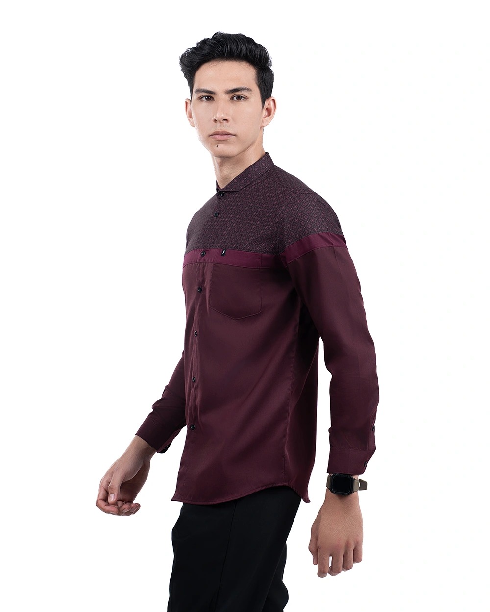 Baju Koko Pria Modern Fadkhera Kasyaf Lengan Panjang Pendek Burgundy