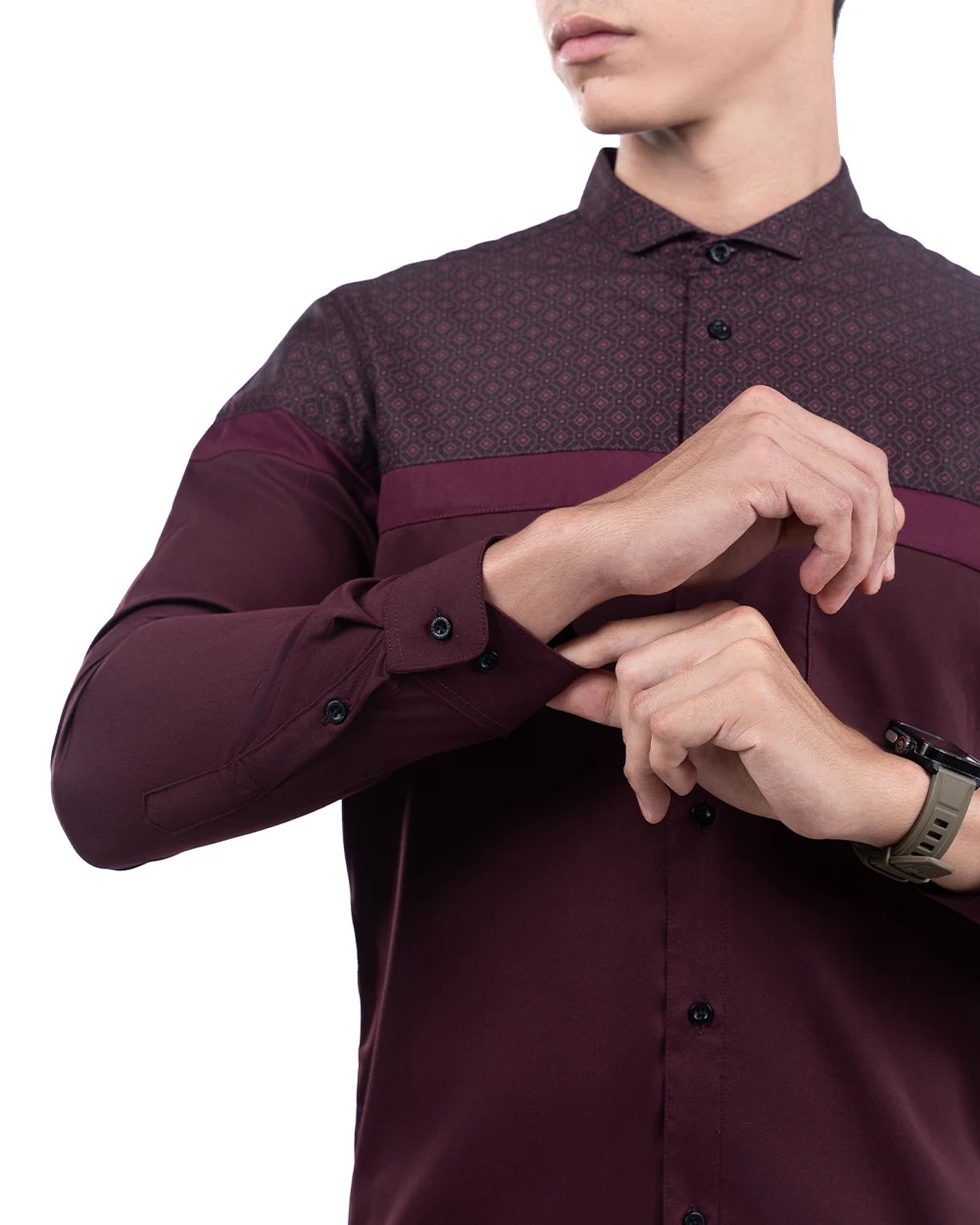 Baju Koko Pria Modern Fadkhera Kasyaf Lengan Panjang Pendek Burgundy