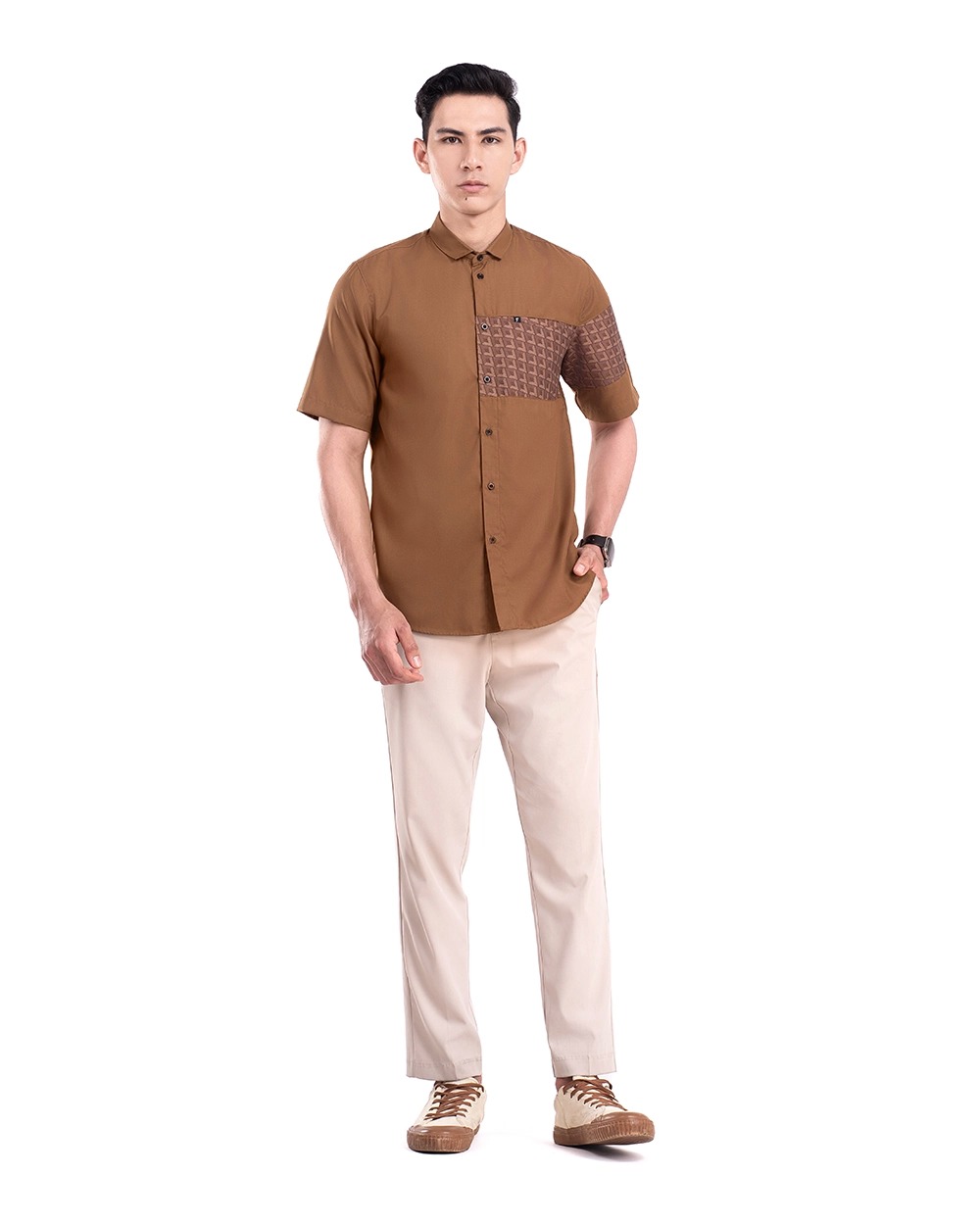 Baju Koko Pria Modern Fadkhera Radyan Lengan Panjang Pendek Brown