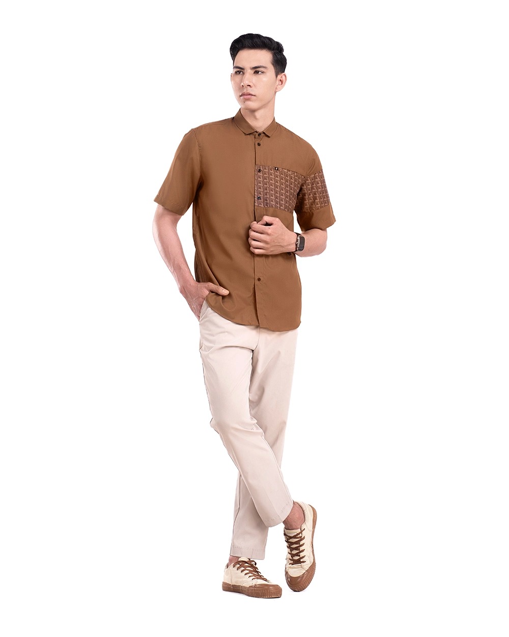 Baju Koko Pria Modern Fadkhera Radyan Lengan Panjang Pendek Brown
