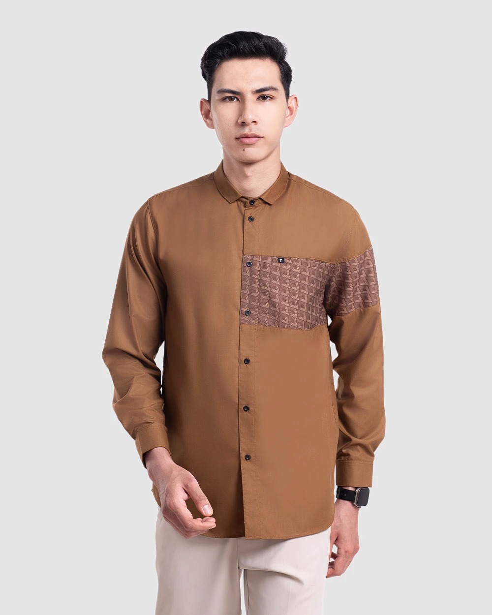 Baju Koko Pria Modern Fadkhera Radyan Lengan Panjang Pendek Brown