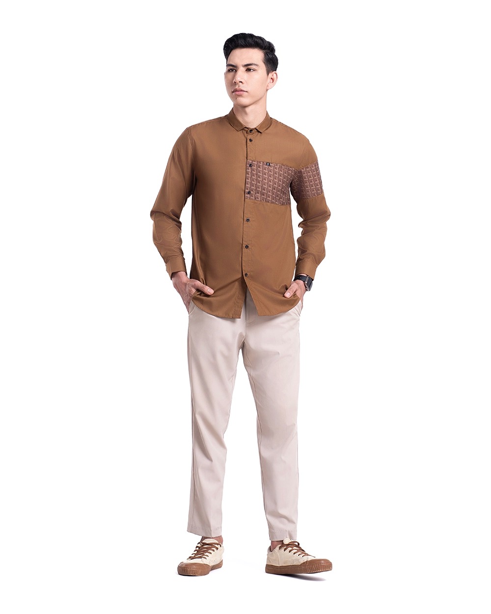 Baju Koko Pria Modern Fadkhera Radyan Lengan Panjang Pendek Brown