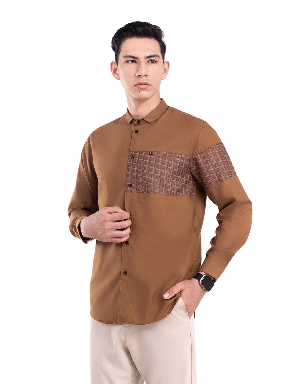 Baju Koko Pria Modern Fadkhera Radyan Lengan Panjang Pendek Brown
