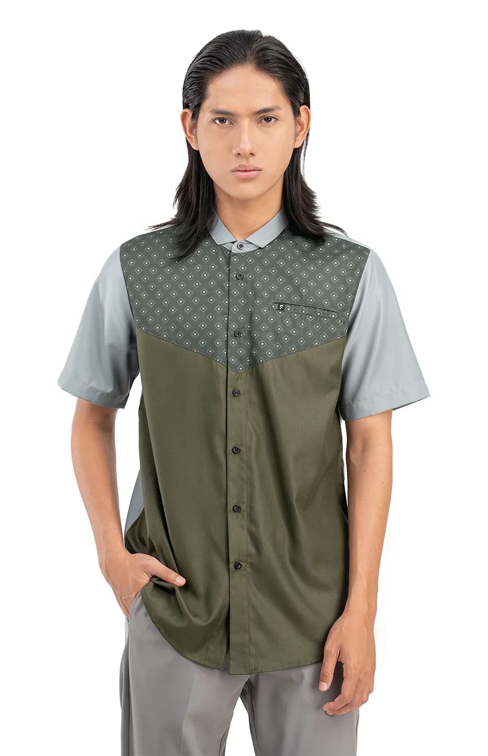 Baju Koko Pria Modern Fadkhera Rafath Lengan Panjang Pendek Olive