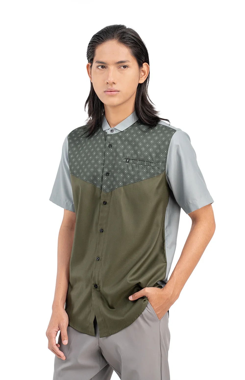 Baju Koko Pria Modern Fadkhera Rafath Lengan Panjang Pendek Olive
