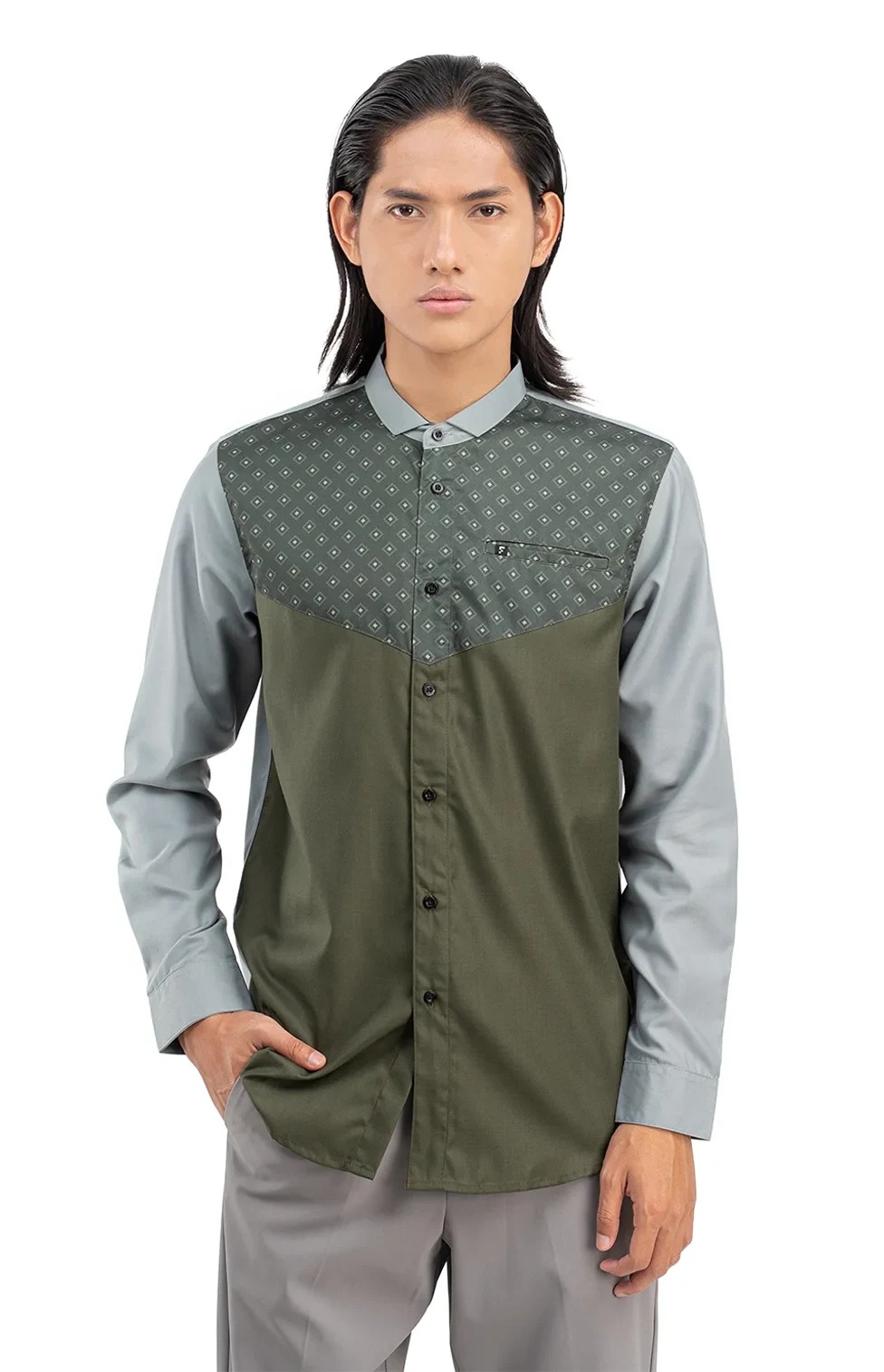 Baju Koko Pria Modern Fadkhera Rafath Lengan Panjang Pendek Olive