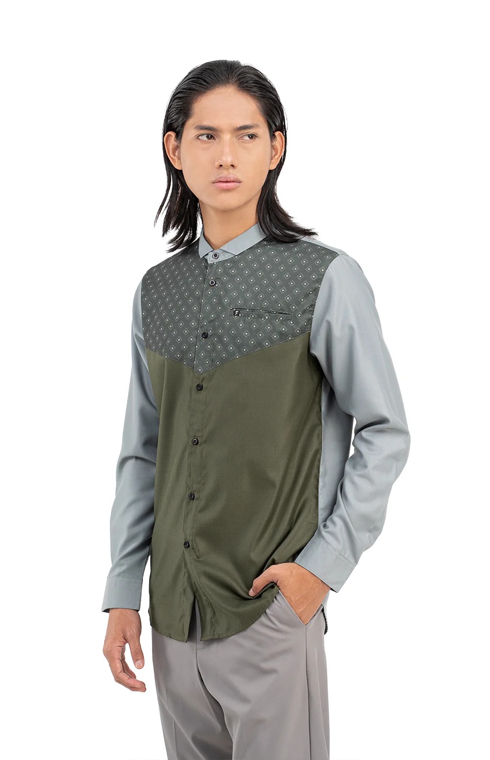 Baju Koko Pria Modern Fadkhera Rafath Lengan Panjang Pendek Olive