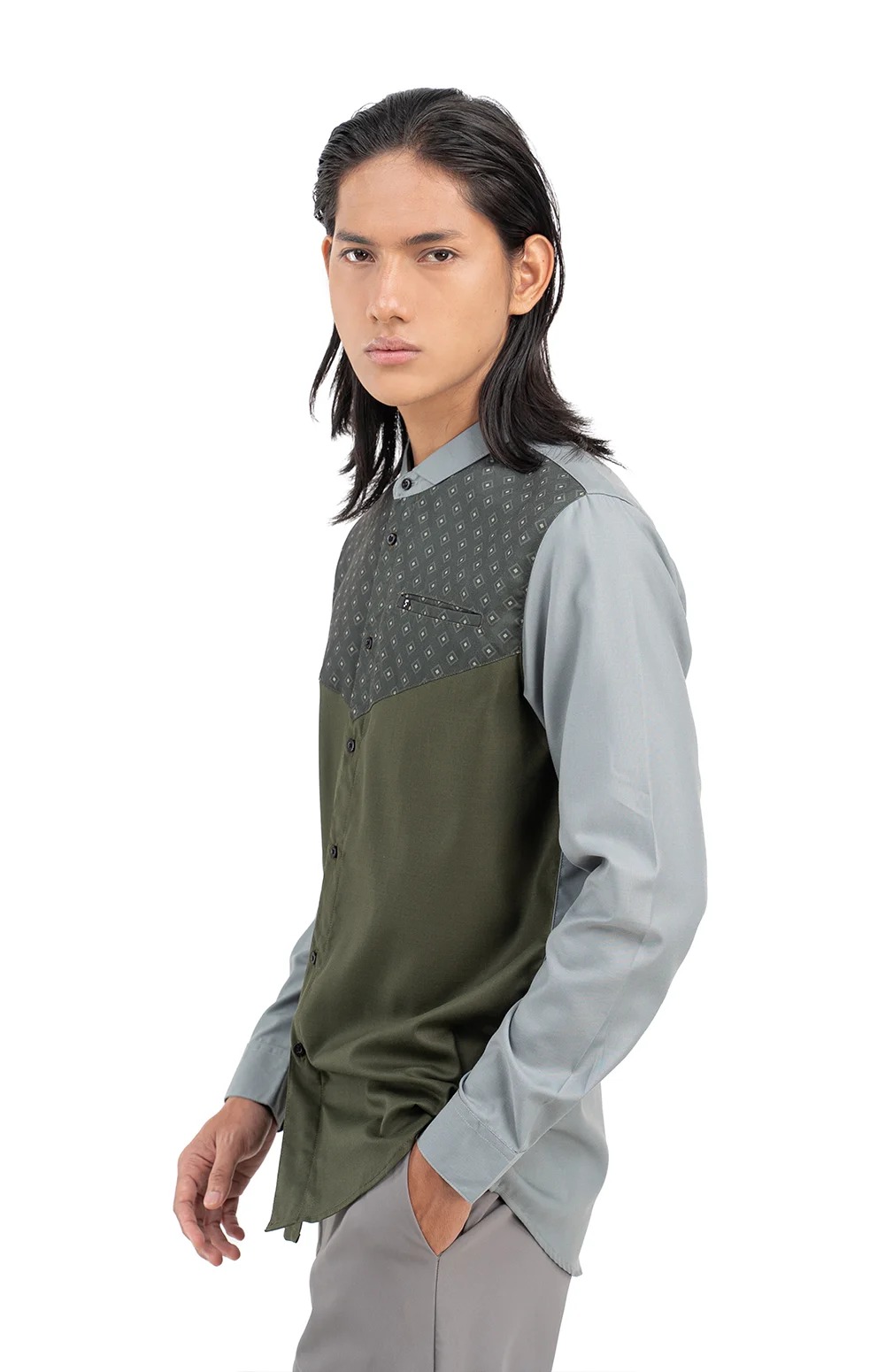 Baju Koko Pria Modern Fadkhera Rafath Lengan Panjang Pendek Olive