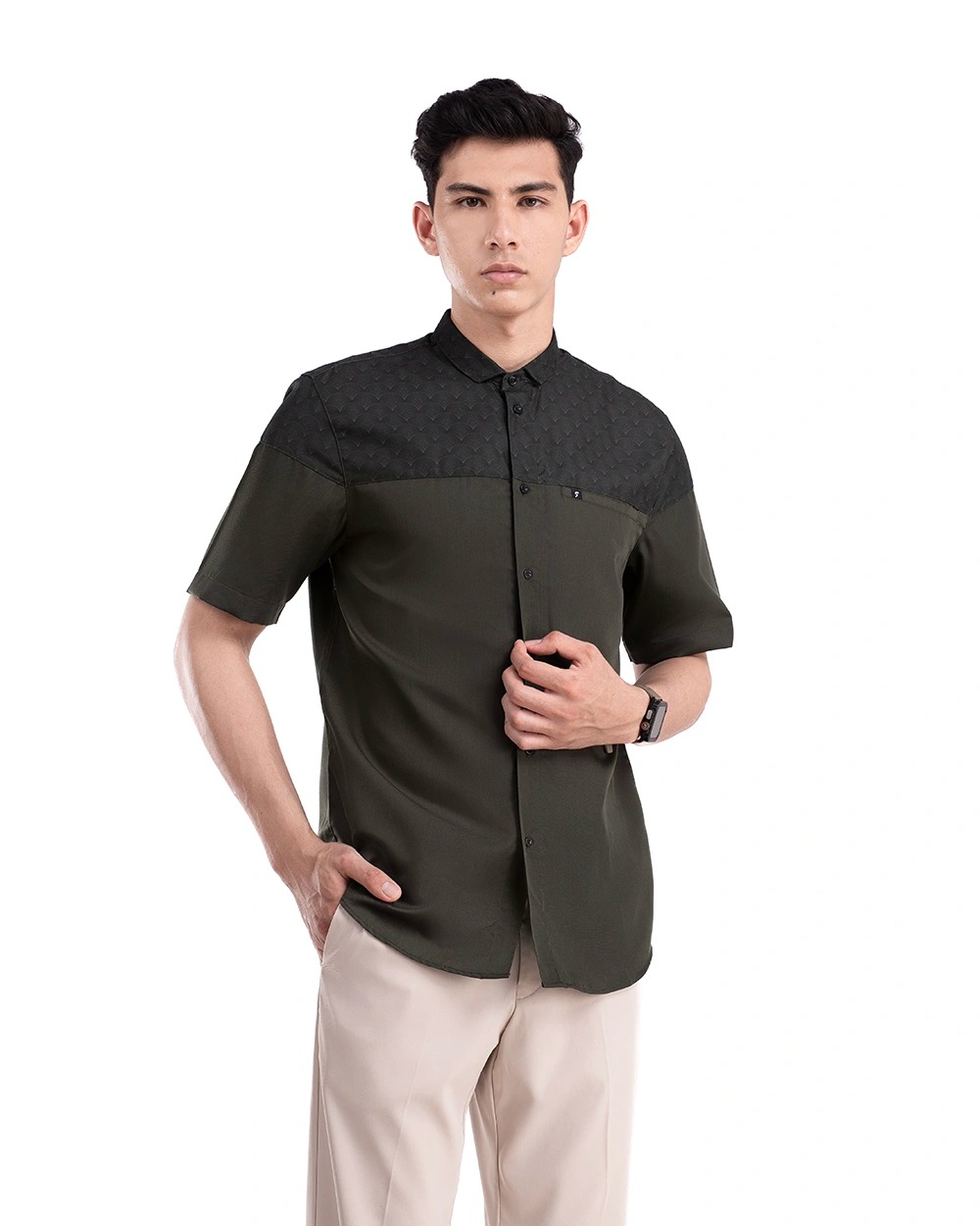 Baju Koko Pria Modern Raslan Lengan Panjang | Pendek Dark Olive