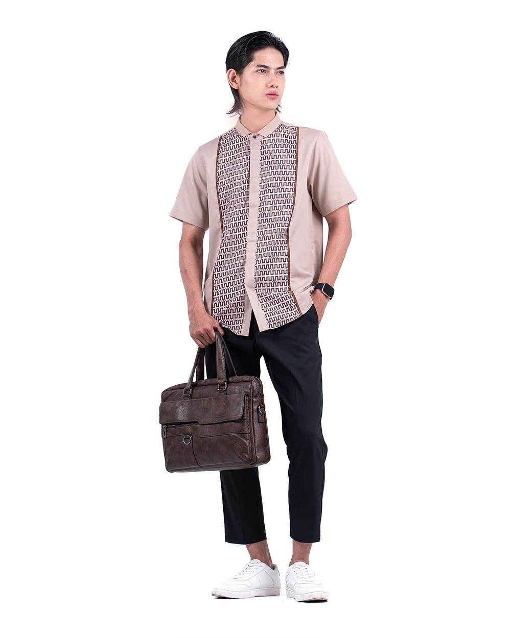 Baju Koko Pria Modern Fadkhera X ANB 5 Lengan Panjang Pendek Taupe