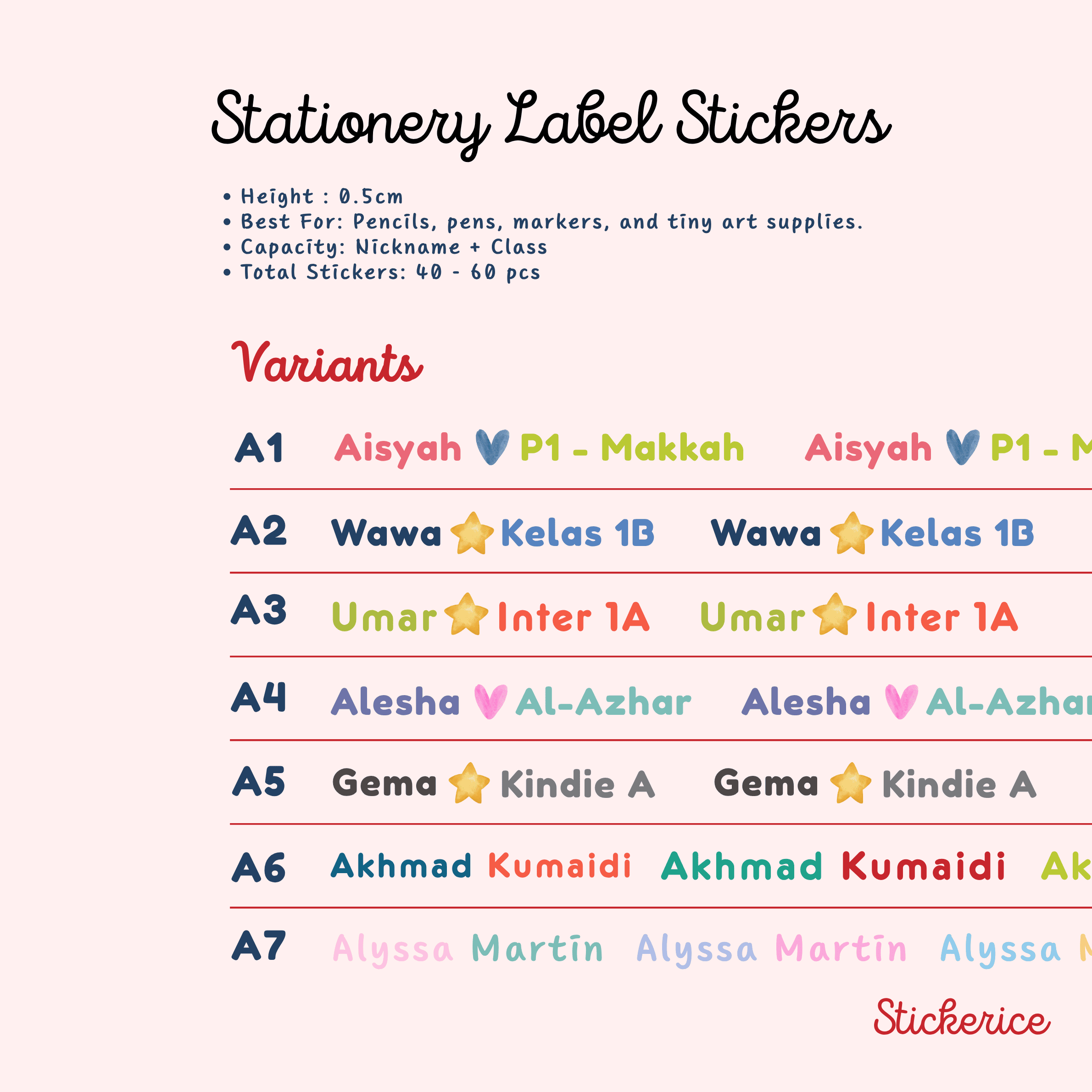 Name and Class Stationary Label Stickers