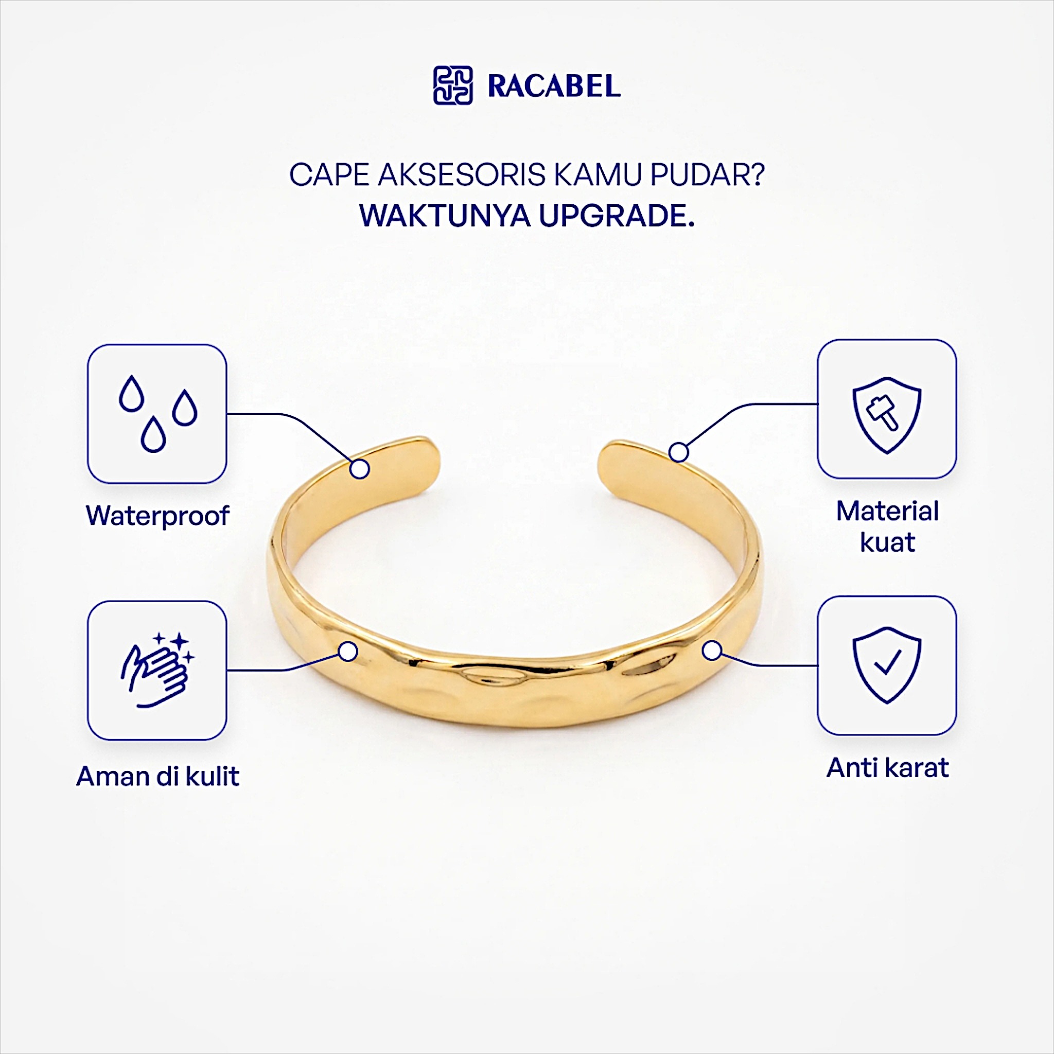 Racabel Gelang Bangle Soleil - Stainless Steel Anti Karat Warna Emas Unisex Pria Wanita Simple