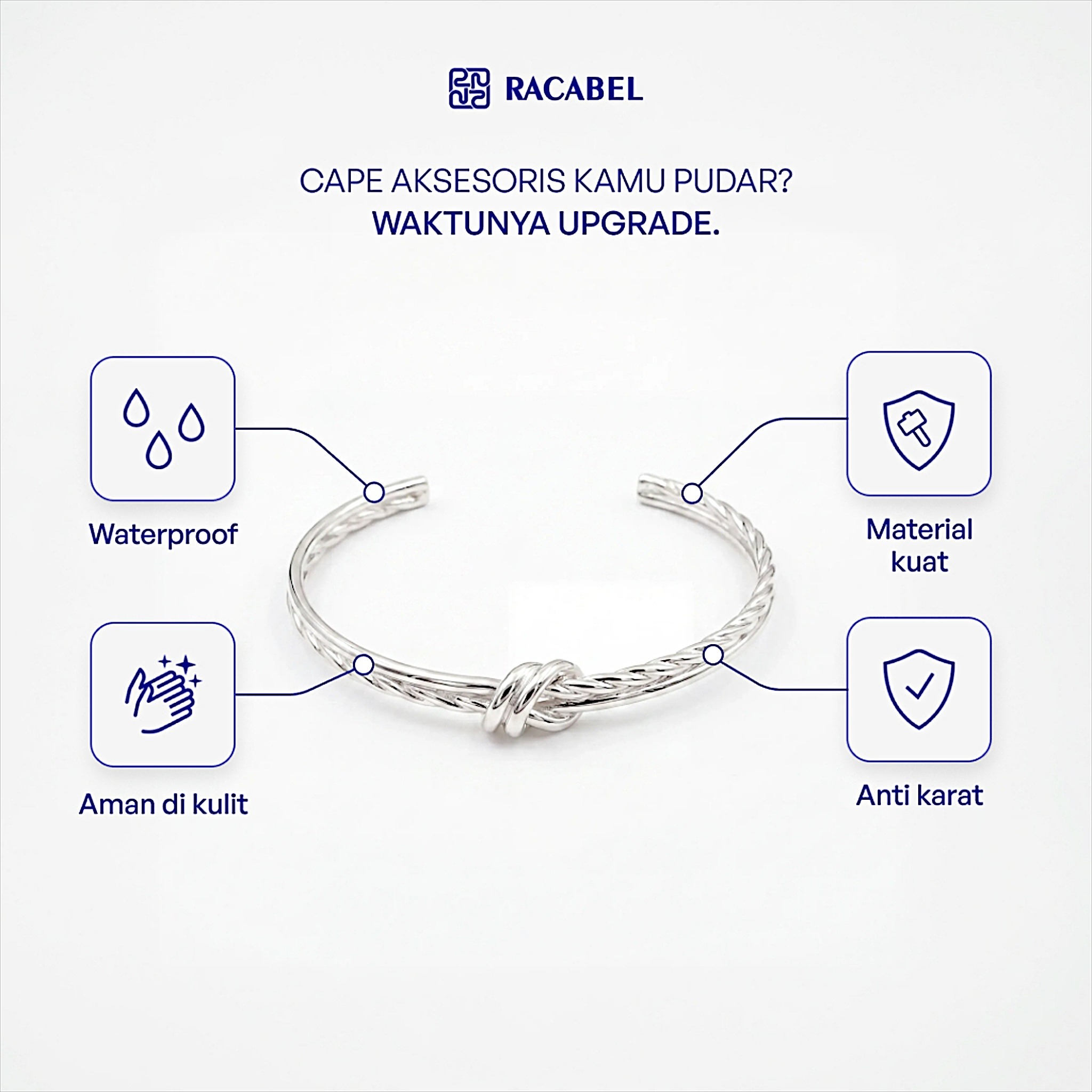Racabel Gelang Bangle Tether - Stainless Steel Anti Karat Warna Silver Unisex Pria Wanita Simple