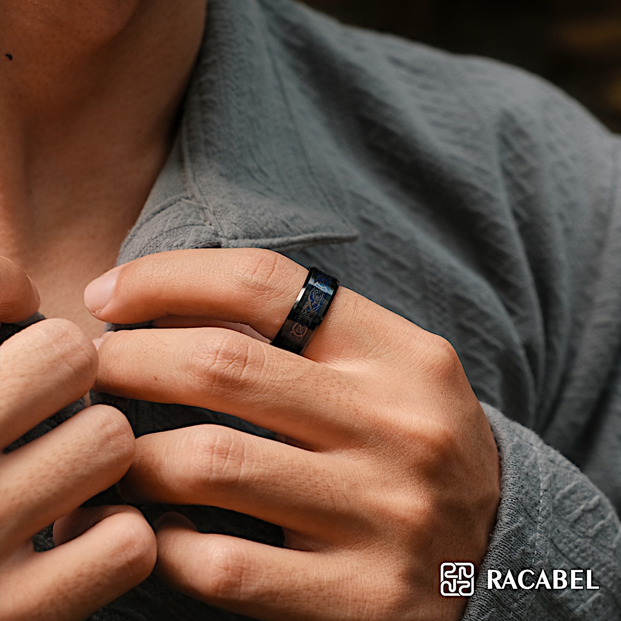 Racabel Trace Ring - Cincin Tungsten Pria Biru Anti Karat