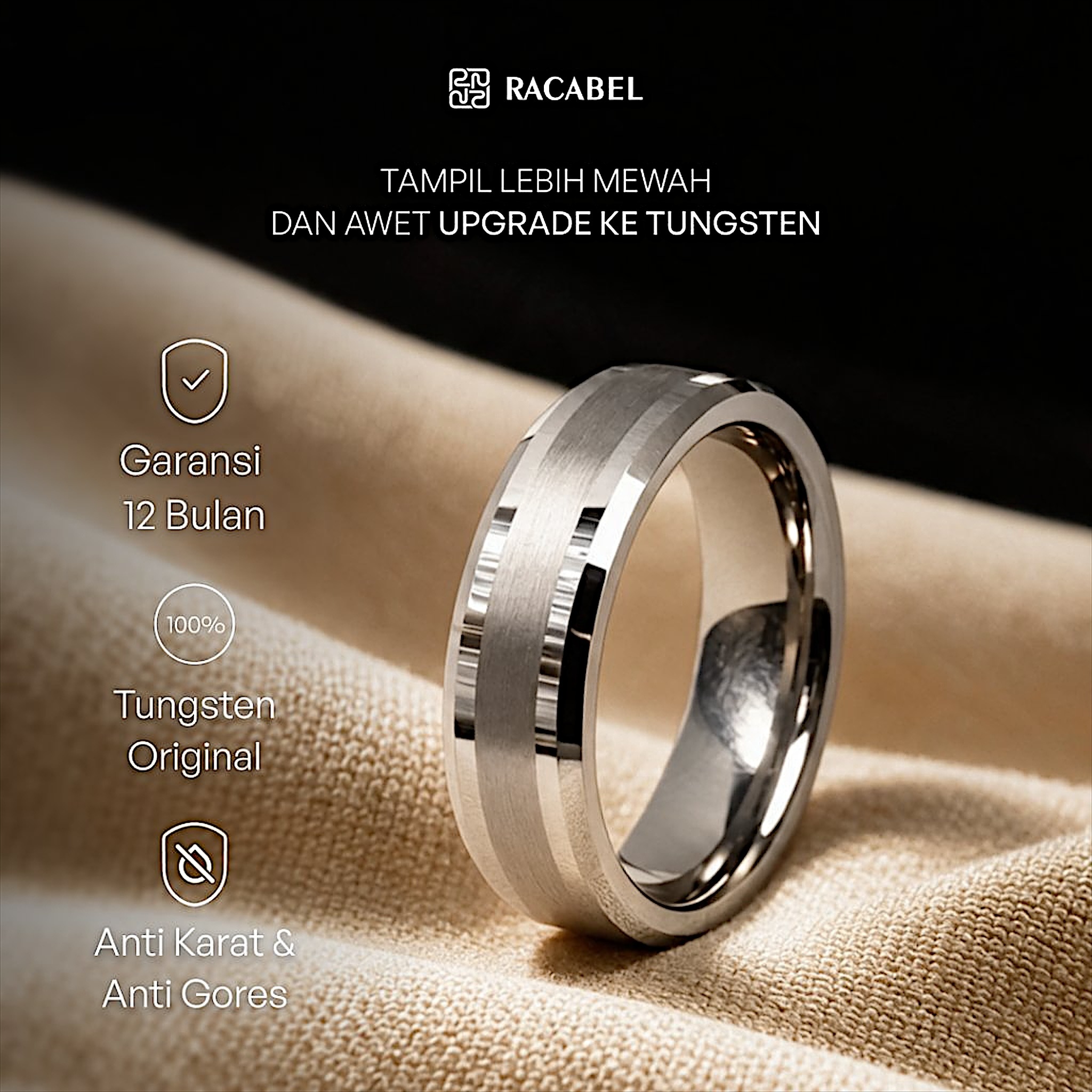 Racabel Vulken Ring - Cincin Tungsten Pria Silver Anti Karat