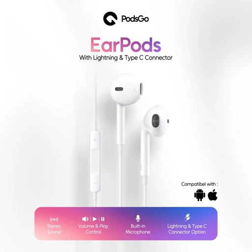 PodsGo Headset EarPods Kabel Earphone Handsfree Kabel Lightning / Type C iPhone