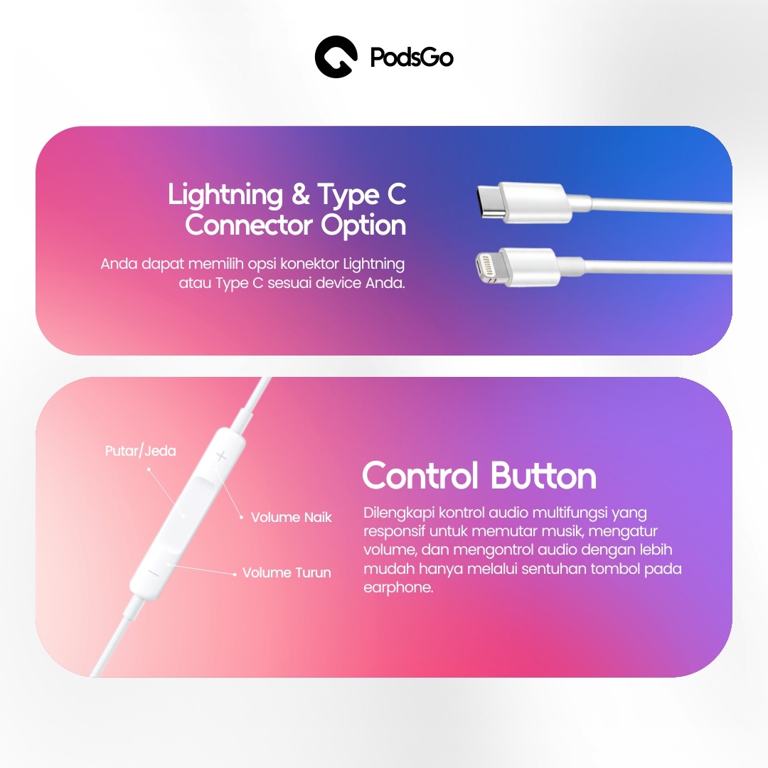 PodsGo Headset EarPods Kabel Earphone Handsfree Kabel Lightning / Type C iPhone