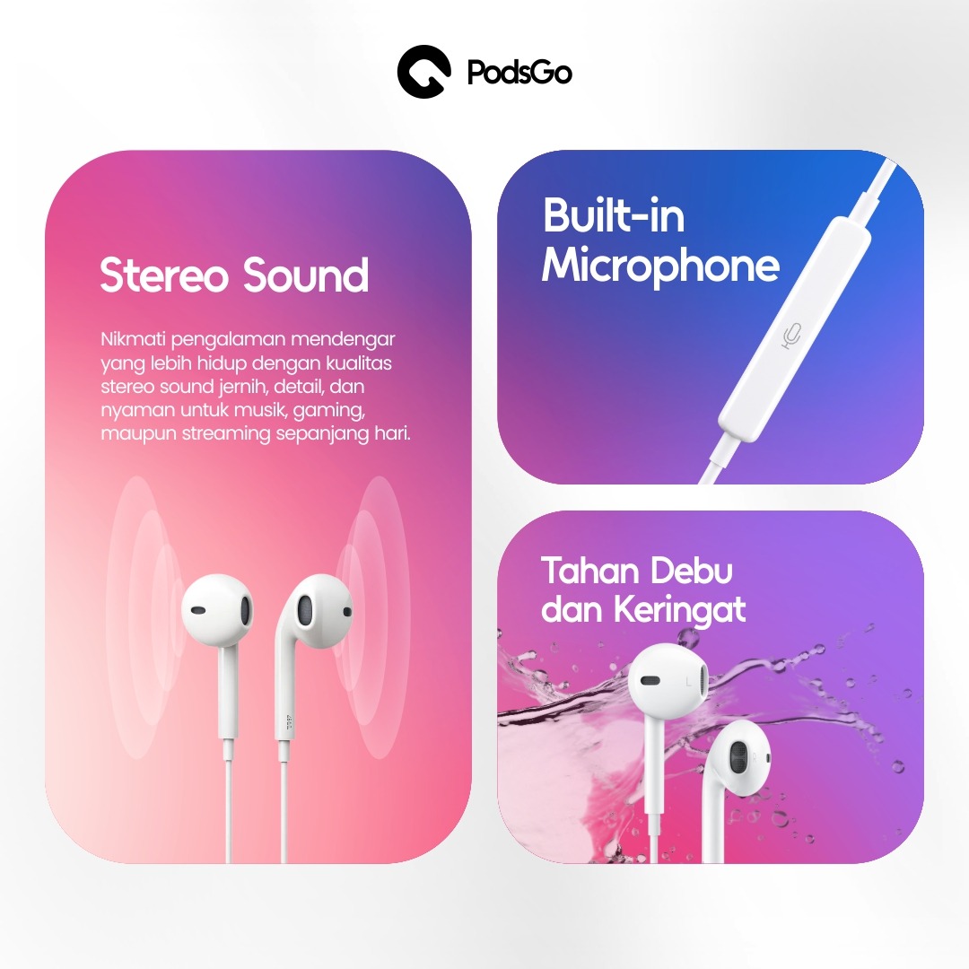 PodsGo Headset EarPods Kabel Earphone Handsfree Kabel Lightning / Type C iPhone