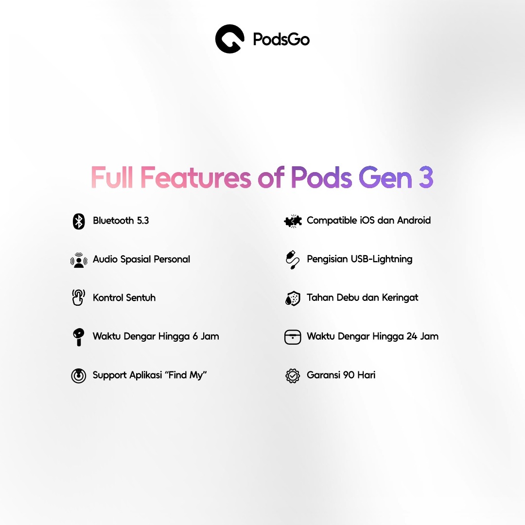 PodsGo Gen 3 TWS Bluetooth Earbuds H2 Chip Wireless Charging Earphone IMEI Terdaftar 9D Hifi Stereo Headphone by PodsGo.ID