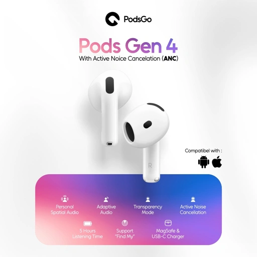 PodsGo Gen 4 ANC TWS Bluetooth Earbuds H2 Chip Wireless Charging Earphone IMEI Terdaftar 9D Hifi Stereo Headphone by PodsGo.ID