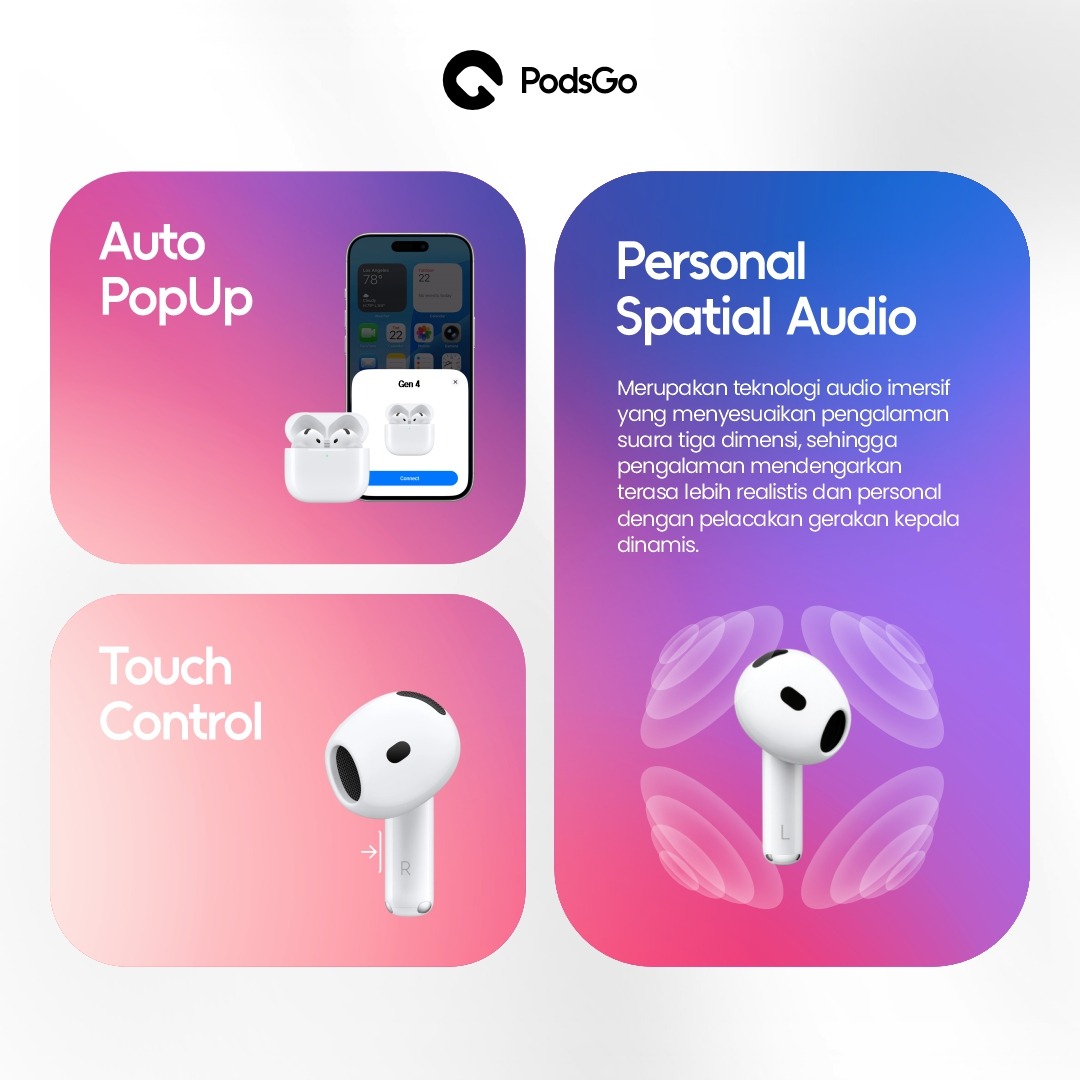 PodsGo Gen 4 ANC TWS Bluetooth Earbuds H2 Chip Wireless Charging Earphone IMEI Terdaftar 9D Hifi Stereo Headphone by PodsGo.ID