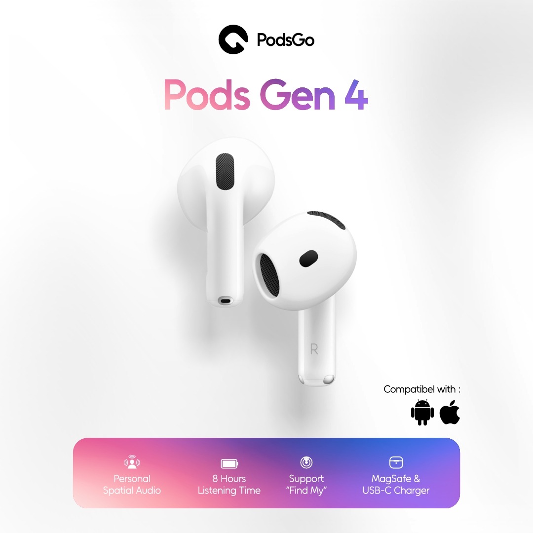 PodsGo Gen 4 TWS Bluetooth Earbuds H2 Chip Wireless Charging Earphone IMEI Terdaftar 9D Hifi Stereo Headphone by PodsGo.ID