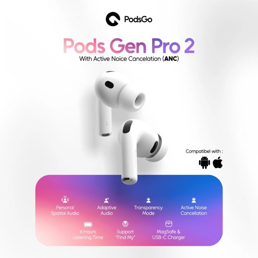 PodsGo Gen Pro 2 ANC TWS Bluetooth Earbuds H2 Chip Wireless Charging Earphone IMEI Terdaftar 9D Hifi Stereo Headphone by PodsGo.ID