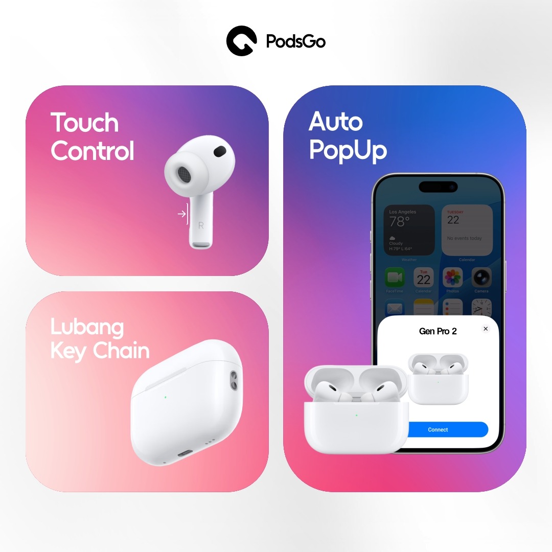 PodsGo Gen Pro 2 TWS Bluetooth Earbuds H2 Chip Wireless Charging Earphone IMEI Terdaftar 9D Hifi Stereo Headphone by PodsGo.ID