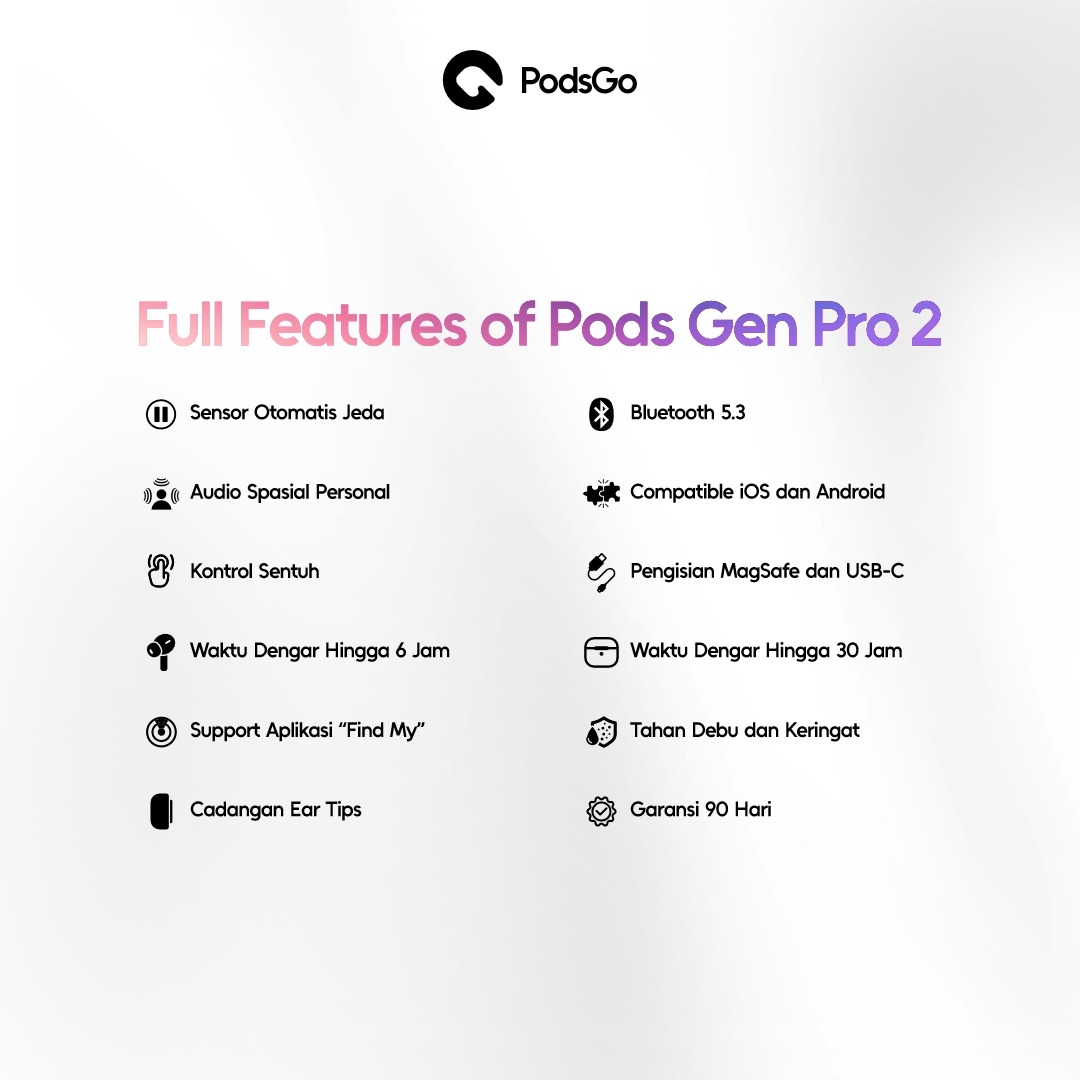 PodsGo Gen Pro 2 TWS Bluetooth Earbuds H2 Chip Wireless Charging Earphone IMEI Terdaftar 9D Hifi Stereo Headphone by PodsGo.ID